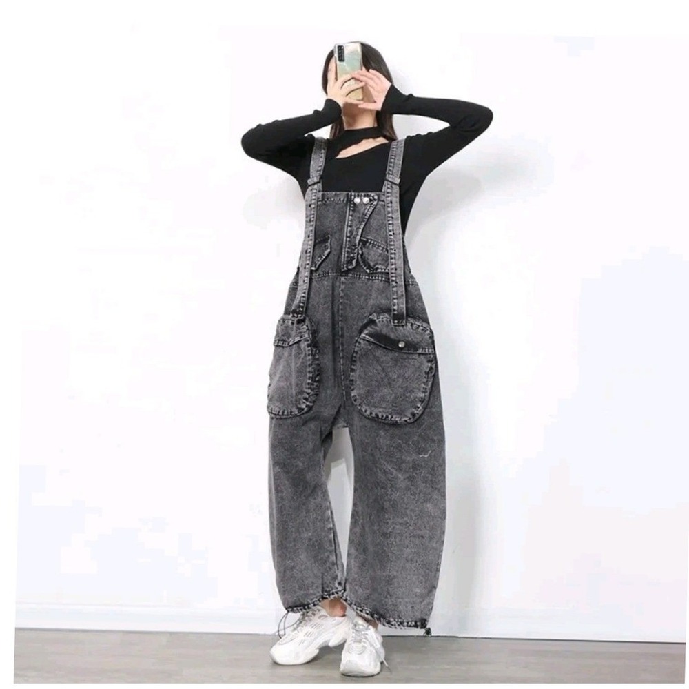 Washed Black Denim Overalls Wide Leg Cargo Pockets‎ Baggy Relaxed Fit